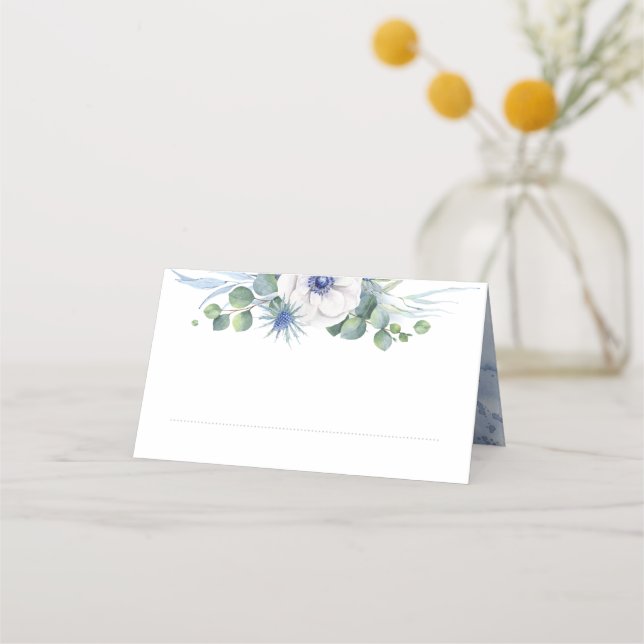 Floral Greenery Elegant Dusty Blue Wedding Place Card (Front)