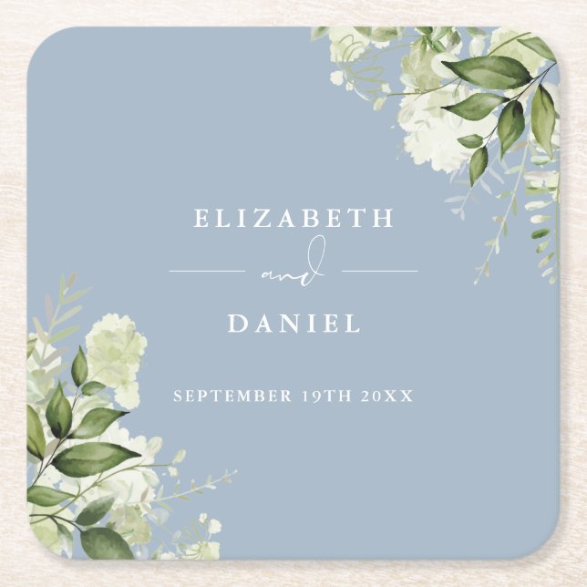 Floral Greenery Elegant Dusty Blue Wedding Square Paper Coaster (Front)