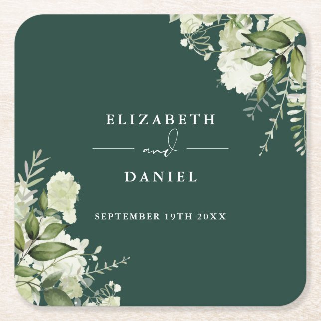 Floral Greenery Elegant Emerald Wedding Square Paper Coaster (Front)