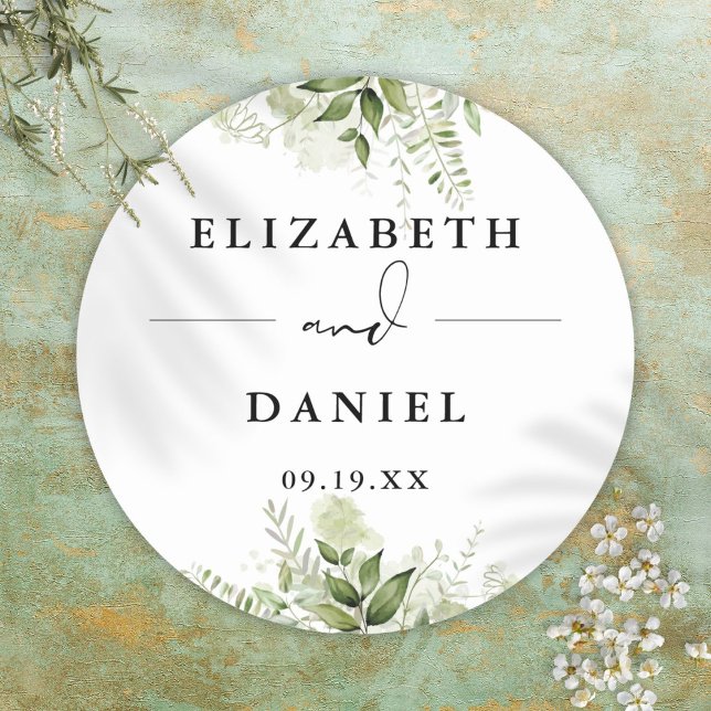 Floral Greenery Elegant Modern Wedding Favour Classic Round Sticker (Floral Greenery Elegant Modern Wedding Favor Classic Round Sticker)