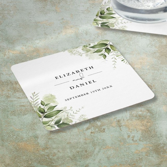 Floral Greenery Elegant Modern Wedding Square Paper Coaster (Floral Greenery Elegant Modern Wedding Square Paper Coaster)
