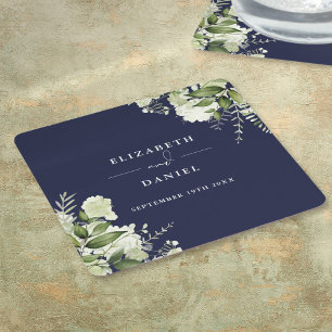 Floral Greenery Elegant Navy Blue Wedding Square Paper Coaster