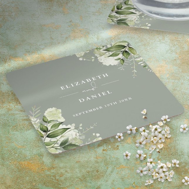 Floral Greenery Elegant Sage Green Wedding Square Paper Coaster (Floral Greenery Elegant Sage Green Wedding Square Paper Coaster)