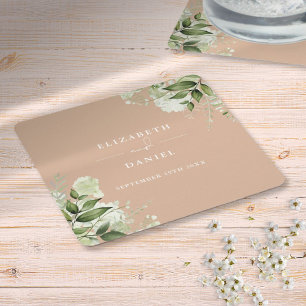 Floral Greenery Elegant Tan Wedding Square Paper Coaster
