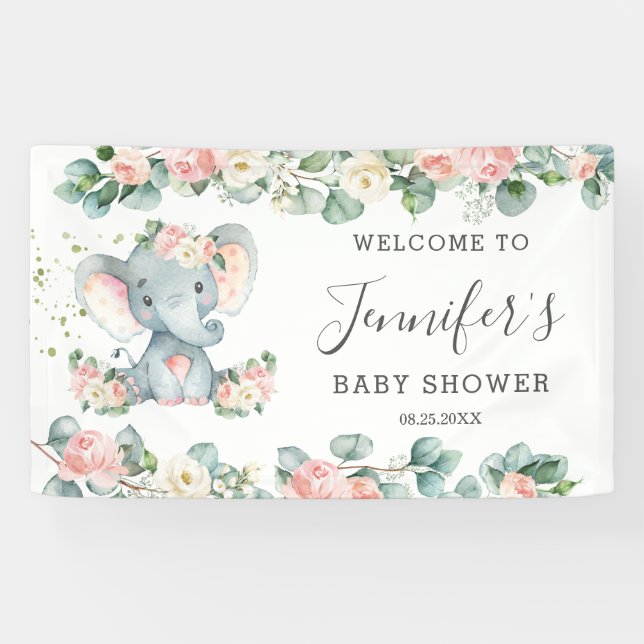Floral Greenery Elephant Baby Shower Girl Welcome Banner (Horizontal)