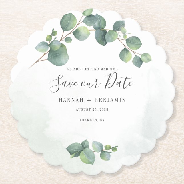 Floral Greenery Eucalyptus Creative Save The Date Paper Coaster (Front)