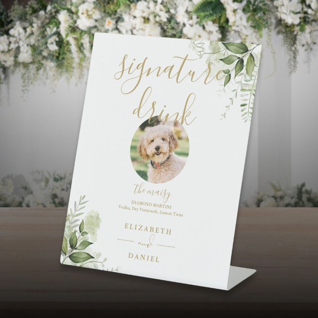 Floral Greenery Gold Wedding Pet Signature Drink Pedestal Sign (Floral Greenery Gold Wedding Pet Signature Drink Pedestal Sign)