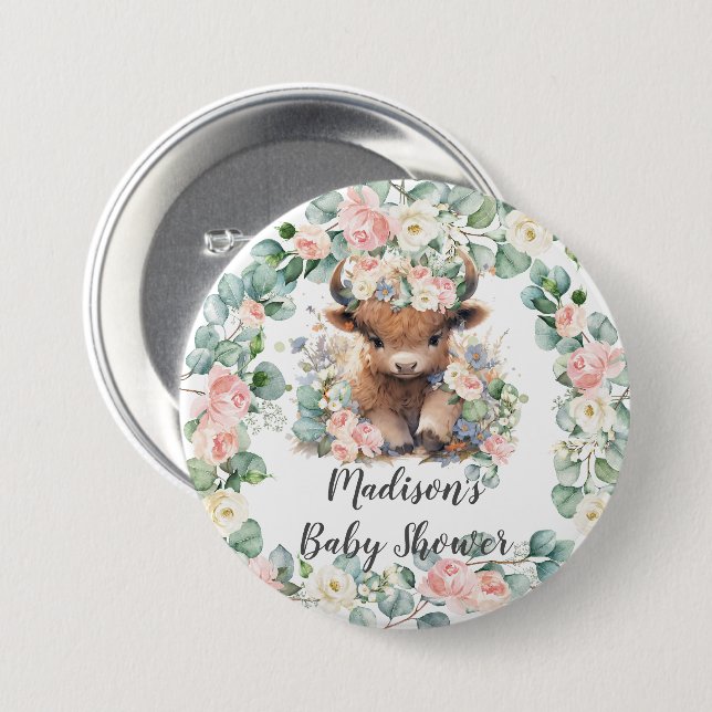 Floral Greenery Highland Cow Baby Shower Birthday 7.5 Cm Round Badge (Front & Back)