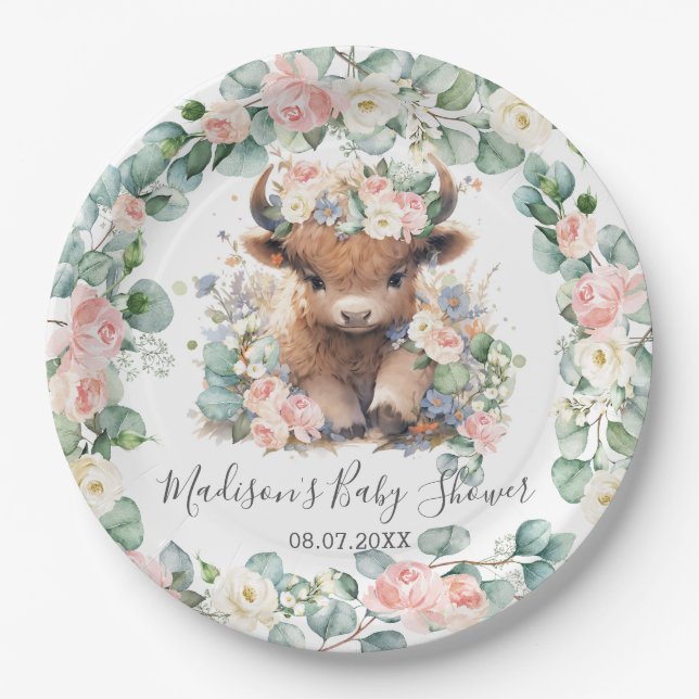 Floral Greenery Highland Cow Baby Shower Birthday Paper Plate (Front)
