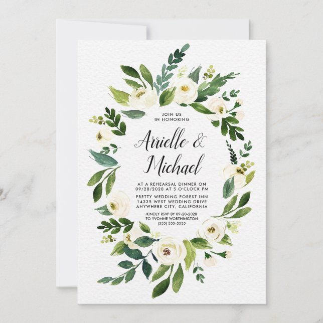 Floral Greenery Ivory Rehearsal Dinner Invitations (Front)