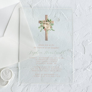 Floral Greenery Ivory Rose Gold Cross Girl Baptism Acrylic Invitations