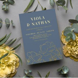 Floral Greenery Line Art Slate Blue & Gold Wedding