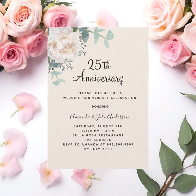 Floral greenery linen 25th wedding anniversary invitation (Creator Uploaded)