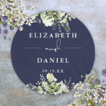 Floral Greenery Navy Blue Wedding Favour Classic Round Sticker<br><div class="desc">Elegant navy blue floral greenery sticker personalised with your names and special date. Designed by Thisisnotme©</div>