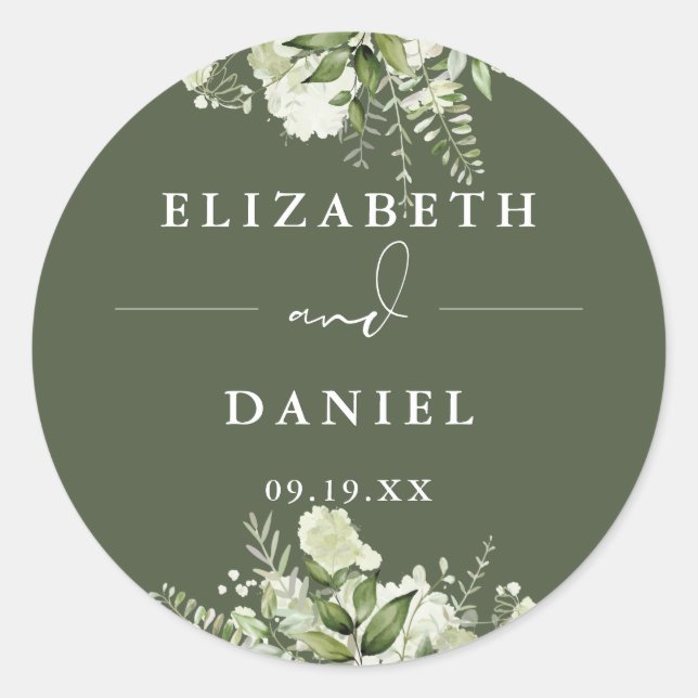 Floral Greenery Olive Green Wedding Favour Classic Round Sticker (Front)