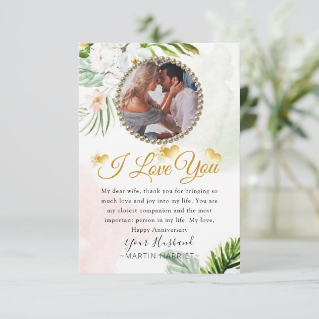 Floral Greenery Photo Wife Anniversary Card (Standing Front)
