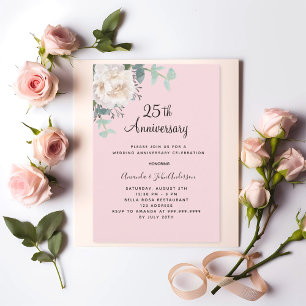 Floral greenery pink 25th wedding anniversary invitation
