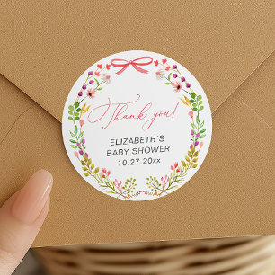 Floral Greenery Pink Bow Baby Shower Classic Round Sticker