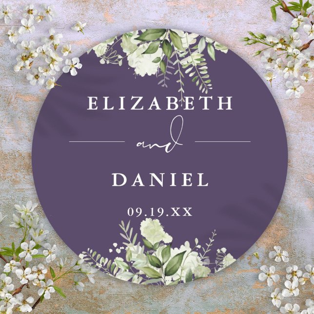 Floral Greenery Purple Wedding Favor Classic Round Sticker (Floral Greenery Purple Wedding Favor Classic Round Sticker)