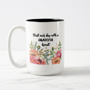 Floral Greenery Start Each Day with Grateful Heart Two-Tone Coffee Mug