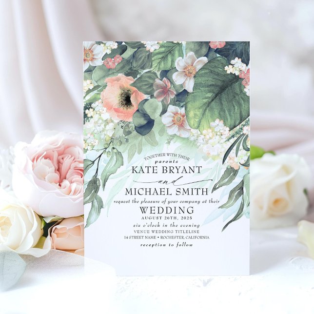 Floral Greenery Summer Garden Romantic Wedding Invitation (Floral Romantic Wedding Invitation)