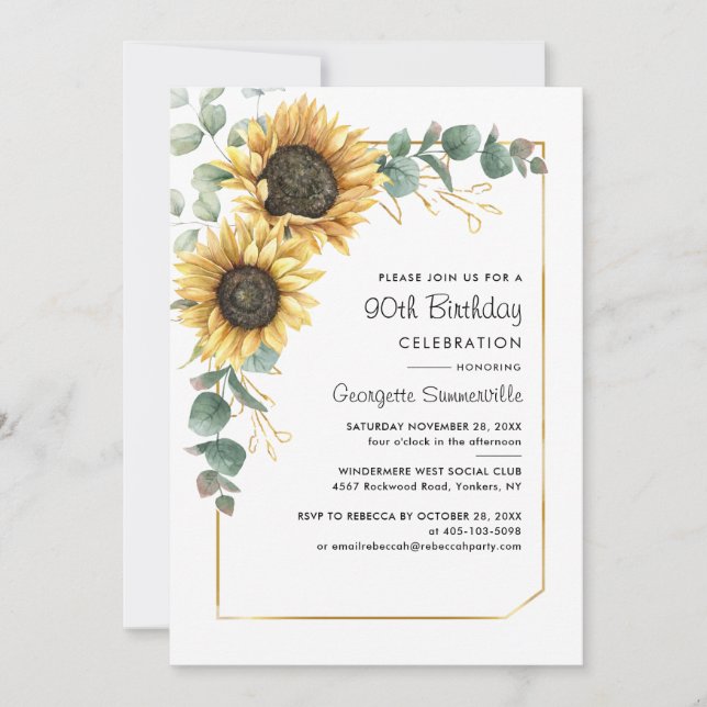 Floral Greenery Sunflower 90th Birthday Party Invitation (Front)