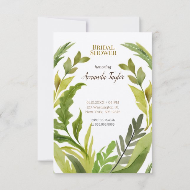 Floral Greenery Watercolor Elegant Bridal Shower Invitation (Front)