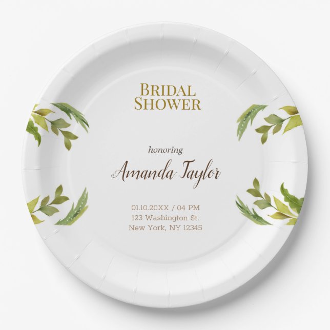 Floral Greenery Watercolor Elegant Bridal Shower Paper Plate (Front)
