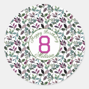 Floral Greenery Watercolor Pattern Birthday Name Classic Round Sticker