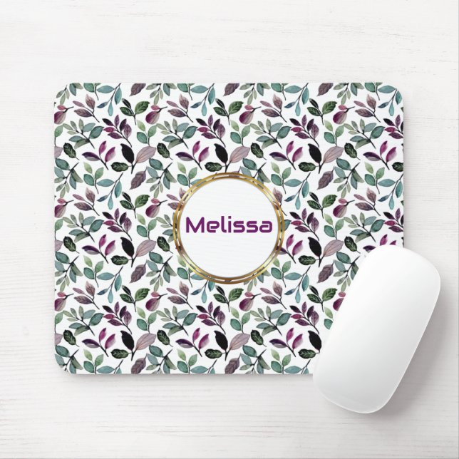 Floral Greenery Watercolor Seamless Pattern Name Mouse Pad (With Mouse)