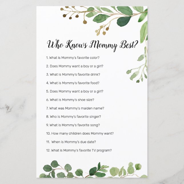 Floral Greenery Watercolor Who Knows Mummy Best (Front)