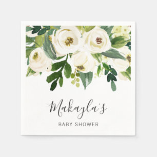Floral Greenery White Roses Girl Baby Shower Napkin