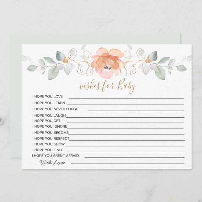 Floral, greenery Wishes for Baby Shower Game Invitation (Front/Back)
