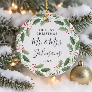 Floral Greenery Wreath Our First Christmas Ceramic Ornament