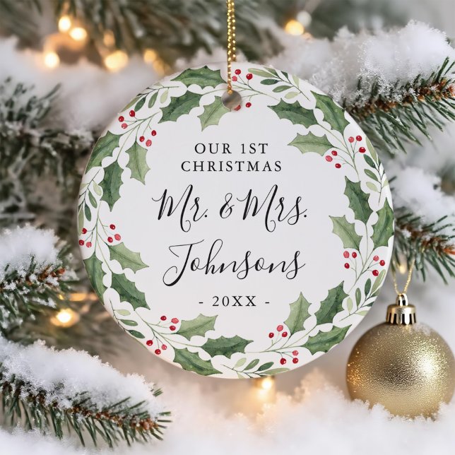 Floral Greenery Wreath Our First Christmas Ceramic Ornament (Creator Uploaded)