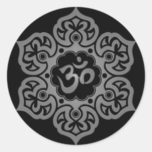 Floral Grey and Black Aum Design Classic Round Sticker