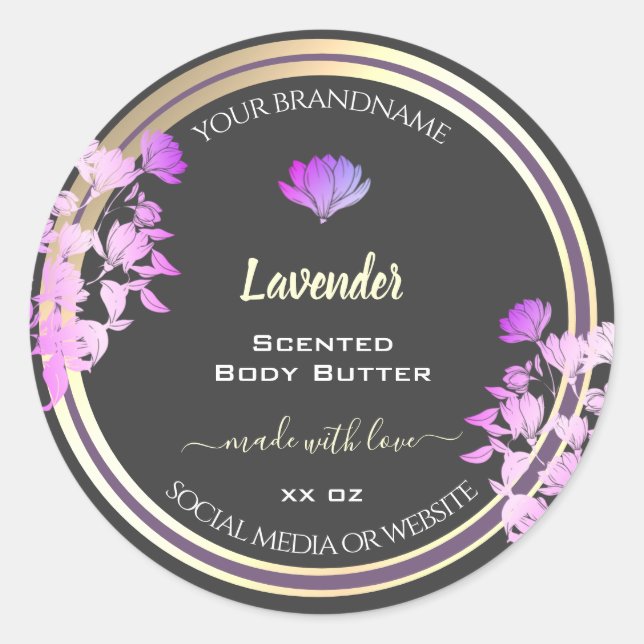 Floral Grey and Purple Product Labels Gold Effect (Front)
