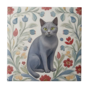 Floral Grey Cats - Grey Cat Colourful Folk Flowers Ceramic Tile