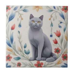Floral Grey Cats - Grey Cat Colourful Folk Flowers Ceramic Tile