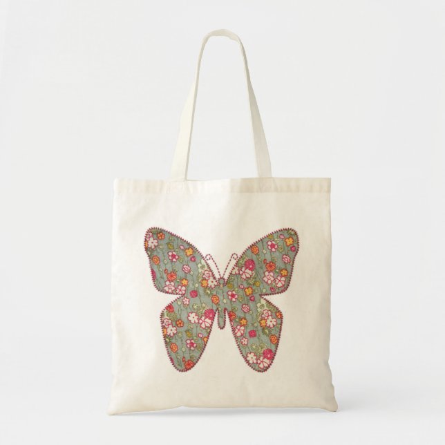Floral grey fabric butterfly tote bag (Front)