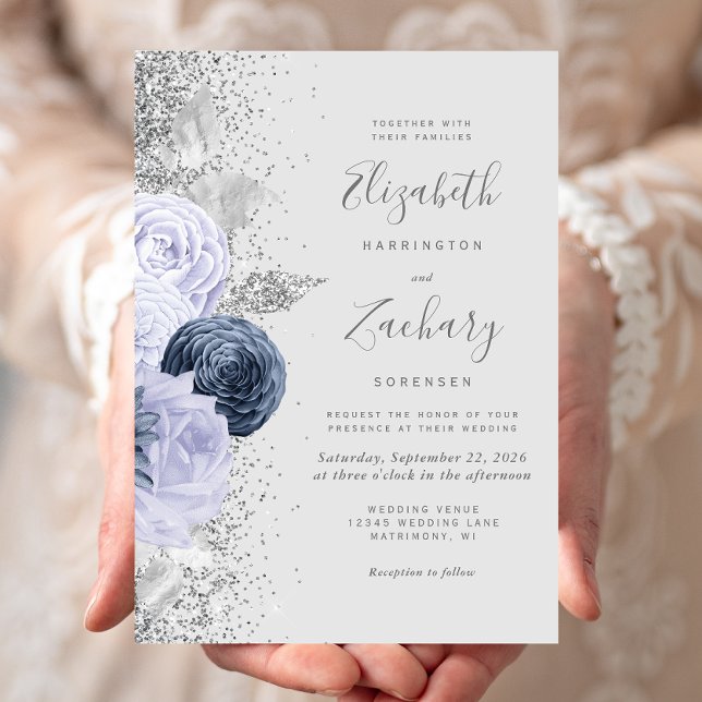 Floral Grey Navy Blue Lilac Silver Wedding Invitation (Creator Uploaded)