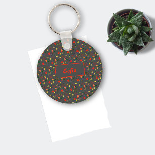 Floral grey pattern red wildflowers name Keychain
