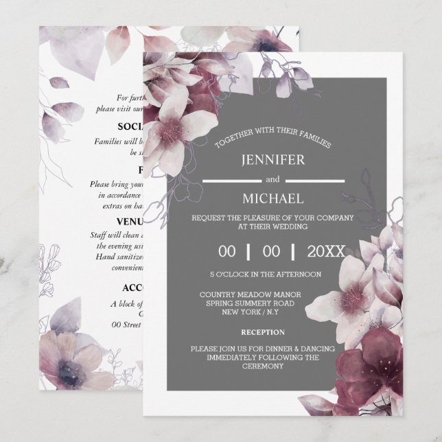 Floral grey purple botanical wildflower blossoms invitation (Front/Back)