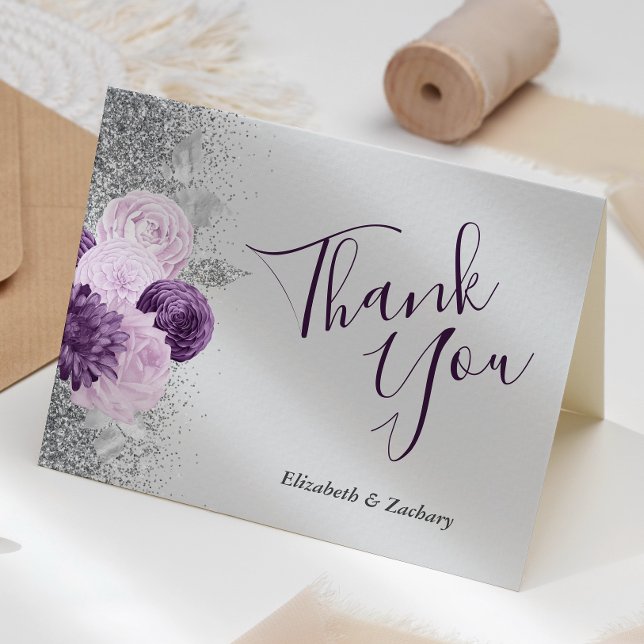Floral Grey Purple Silver Wedding Thank You Card (Creator Uploaded)