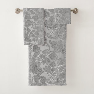 Floral Grey Texture Damask Bath Towel Set