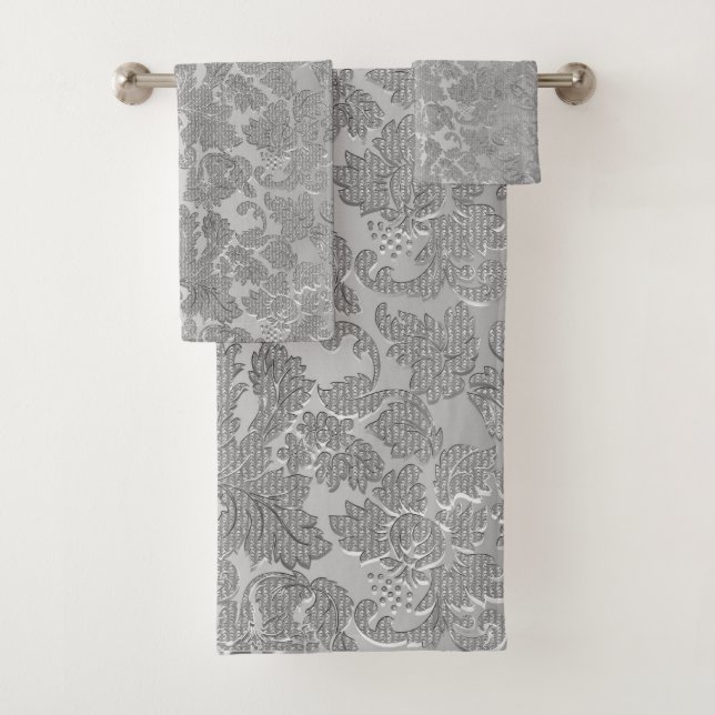 Floral Grey Texture Damask Bath Towel Set (Insitu)