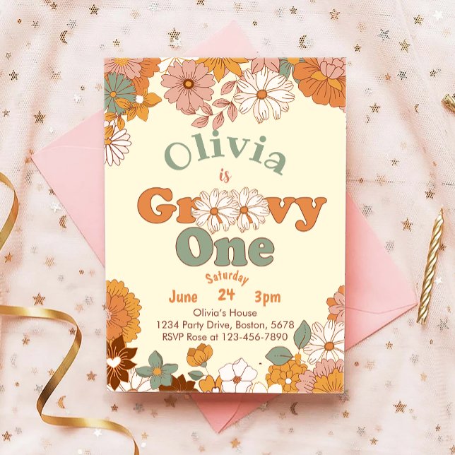 Floral Groovy One Retro 1st Birthday Invitation (Creator Uploaded)