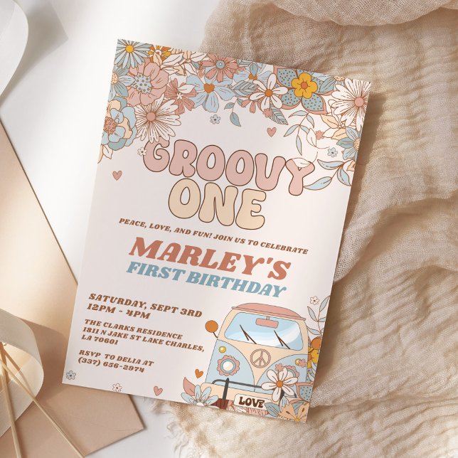 Floral Groovy One Retro 1st Birthday Party Invitation (Creator Uploaded)