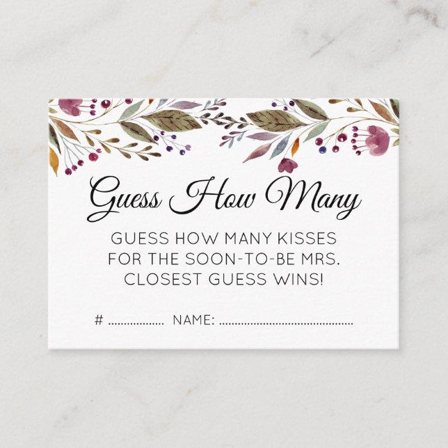 Floral Guess How Many Kisses Bridal Shower Game Enclosure Card (Front)