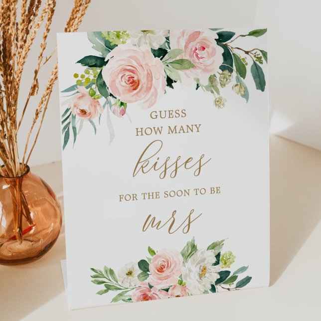 Floral Guess How Many Kisses Bridal Shower Game Pedestal Sign (Creator Uploaded)